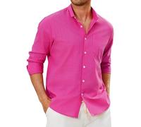 Enlision Mens Linen Shirts Long Sleeve Shirt Fuchsia Pink Henley Cotton Button Down Summer Casual Beach Holiday Party with Pocket L
