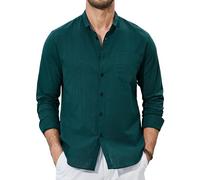 Enlision Mens Linen Shirts Long Sleeve Shirt Teal Green Henley Shirts Cotton Casual Summer Shirt Button Down Beach Holiday Party with Pocket 4XL