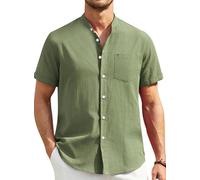 Enlision Mens Linen Shirts Short Sleeve Grandad Collar Shirt for Men Army Green Summer Beach Holiday Casual Collarless Henley Cheesecloth Top Buttoned S