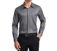 Enlision Mens Long Sleeve Grey Shirt 4-Way Stretch Button Down Dress Shirts Non Iron Formal Business Wedding Office Regular Fit with Pocket M