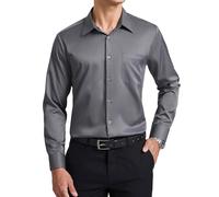 Enlision Mens Long Sleeve Grey Shirt 4-Way Stretch Button Down Dress Shirts Non Iron Formal Business Wedding Office Regular Fit with Pocket 4XL