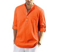 Enlision Mens Orange Cotton Linen Autumn Long Sleeve Collarless Grandad Shirts Button Down Causal Lightweight Yoga Top S