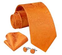 Enlision Men's Orange Tie Paisley Ties and Pocket Square Cufflink Set Solid Color Necktie Handkerchief for Wedding Party