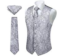 Enlision Men's Paisley Floral Wedding Party Jacquard Waistcoat&Necktie and Pocket Square Vest Suit Set , Gray, 6XL(Chest size 64)