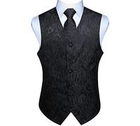 Enlision Men's Paisley Floral Wedding Party Jacquard Waistcoat&Necktie and Pocket Square Vest Suit Set , Black, 4XL(Chest size 57)