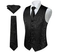 Enlision Men's Paisley Floral Wedding Party Jacquard Waistcoat&Necktie and Pocket Square Vest Suit Set Black