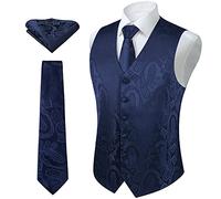 Enlision Men's Paisley Floral Wedding Party Jacquard Waistcoat&Necktie and Pocket Square Vest Suit Set, Navy Blue, L(Chest size 46 inch)