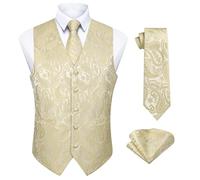 Enlision Men's Paisley Waistcoat Floral Patterned Necktie Pocket Square for Men Wedding Party Vest Suit Set Champagne 4XL