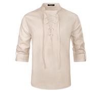 Enlision Mens Pirate Shirt Linen Lace Up Medieval Retro Shirt for Cosplay Viking Hippie Matching Khaki 2XL