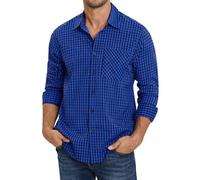 Enlision Mens Plaid Shirt Long Sleeve Smart Casual Royal Blue and Black Checked Shirts for Men UK Plus Size Button Down Classic Gingham Tartan Top for Date Night Outfit 3XL
