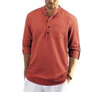 Enlision Mens Red Cotton Linen Autumn Long Sleeve Collarless Grandad Shirts Button Down Causal Lightweight Yoga Top XL