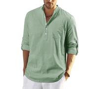 Enlision Mens Sage Green Cotton Linen Shirts Long Sleeve Shirt Button Down Henley Shirts Lightweight Casual Plain Tops for Men 3XL
