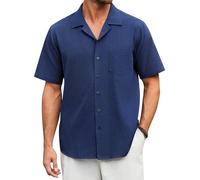 Enlision Mens Shirts Short Sleeve Navy Blue Linen Casual Summer Button Down Smart Shirt for Men with Pocket Regular Fit 2XL