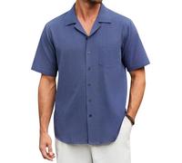 Enlision Mens Short Sleeve Blue Shirts Cotton Linen Casual Summer Button Down Smart Shirt for Men with Pocket Regular Fit S