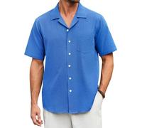 Enlision Mens Short Sleeve Linen Shirts Blue Casual Lightweight Summer Beach Button Down Shirt for Men with Pocket Regular Fit S