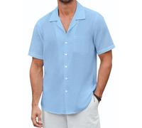 Enlision Mens Short Sleeve Shirts Light Blue Linen Casual Summer Button Down Shirt for Men with Pocket Regular Fit M