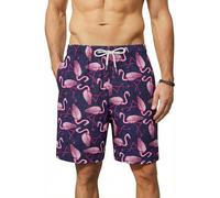 Enlision Men's Swimming Shorts 7.5" Quick Dry Summer Hawaiian Beach Trunks Men with Mesh Liner Pockets Navy Blue Flamingo Patterned Bermuda Board Shorts for Surfing Water Sports M