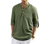 Enlision Mens T Shirt Cotton Linen Autumn Long Sleeve Collarless Grandad Button Down Causal ArmyGreen Henley Yoga Top S