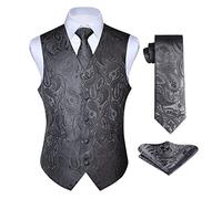 Enlision Men's Waistcoats Grey Paisley Waistcoat Tie Pocket Square Wedding Jacquard Suit Vest Set 6XL