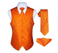 Enlision Men's Waistcoats Paisley Orange Wedding Waistcoat Tie Pocket Square Jacquard Party Suit Vest Set M