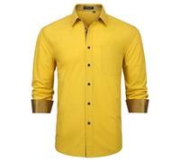 Enlision Mens Yellow Shirts Long Sleeve UK Wedding Shirts for Men England Classic Plain Button Through Loose Fit Roll Up for Casual Festival Party XXL