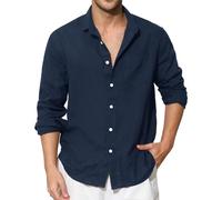 Enlision Navy Blue Linen Shirts for Men Long Sleeve Shirt Button-Down Henley Shirts Cotton Casual Summer Shirt Beach Holiday Party with Pocket L