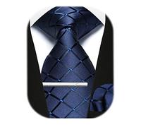 Enlision Navy Blue Tie, Pocket Square and Tie Clip Set - Plaid Check Pattern Business Formal Wedding Gift Sets
