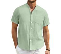 Enlision Sage Green Linen Shirts Men Grandad Collar Shirts for Men Short Sleeve Cotton Summer Collarless Cheesecloth Henley Top for Casual Beach Wedding M