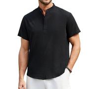Enlision Short Sleeve Linen Shirts for Men Casual Summer Grandad Collar Shirt Lightweight Breathable Solid Color Black Beach Collarless Henley Tops M