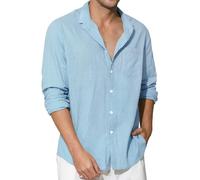 Enlision Sky Blue Linen Shirts for Men Long Sleeve Shirt Casual Henley Cotton Button Down Summer Beach Holiday Light Blue with Pocket 3XL