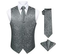 Enlision Waistcoat for Men Gray Paisley Floral Jacquard Waistcoat with Necktie and Pocket Square Set Men's Vest for Party Business, L