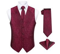 Enlision Waistcoat for Men Red Paisley Floral Jacquard Waistcoat with Necktie and Pocket Square Set Men's Vest Suit Waistcoat for Party Business,M(Chest size 44)…