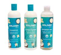 Enliven Naturals Coconut & Vanilla Shower Gel, Shampoo & Conditioner Bundle - 500ml x 3 - Bath Set - Shampoo and Conditioner Sets - UK Produced & Suitable for Vegans