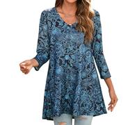 Enmain Black Tunic Tops for Women UK 3/4 Sleeve Long Tunics Floral Casual Ladies Top for Leggings V Neck Longline Plus Size Blouses Black&Blue 3XL