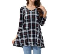 Enmain Black Tunic Tops for Women UK 3/4 Sleeve Long Tunics Plaid Casual Ladies Top for Leggings V Neck Longline Plus Size Blouses M