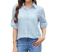 Enmain Blue Striped Shirts Women Long Sleeve Button Down Linen Light Blue Shirt Women Cotton Summer Blouse Casual Fitted Collared Work Office M