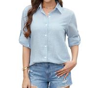 Enmain Blue Striped Shirts Women Long Sleeve Button Down Linen Light Blue Shirt Women Cotton Summer Blouse Casual Collared Work Office 2XL