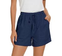 Enmain Ladies Navy Blue Linen Shorts Summer Casual Elastic Waist Drawstring Short with Pockets Solid Color M