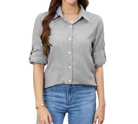 Enmain Ladies Striped Shirt Women Long Sleeve Black Cotton Linen Button Down Shirt Women Summer Casual Fitted Collared Work Office M