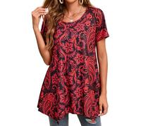Enmain Ladies Tunic Tops Short Sleveve Plus Size Womens Tunic Dress Casual Long Tunics Shirts for Leggings Ladies Longline Loose Blouse T Shirt,Red,M