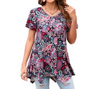 Enmain Ladies Tunics Top Short Sleeve Summer Long Tunic Top for Women UK Plus Size Longline Hanky Hemd Paisley Pattern with V Neck for Wedding Beach XL