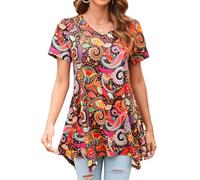 Enmain Ladies Tunics Top Short Sleeve Summer Long Tunic Top for Women UK Plus Size Longline Hanky Hemd Paisley Pattern with V Neck for Wedding Beach XL