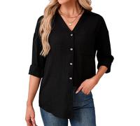 Enmain Linen Shirt Womens Casual V-Neck Ladies Summer Shirt Long Sleeve Button Down Black Blouse Breathable Lightweight Loose Cotton Linen Tops for Women UK Beach Vacation Party Date 3XL