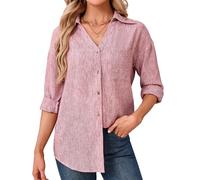 Enmain Linen Shirt Womens Long Sleeve V-Neck Ladies Casual Summer Shirts Button Up Pink Blouses for Women UK Breathable Lightweight Cotton Linen Tops for Everyday Wear Weekend Home S
