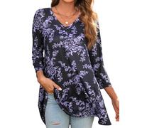 Enmain Purple Women's Tunic Tops 3/4 Sleeve Long Tops for Women UK Floral Casual V Neck Ladies Tunics for Leggings Loose Fit Plus Size Longline Blouses Purple&Black S