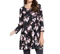 Enmain Tunic Tops For Women 3/4 Sleeve Ladies Tunics Casual Loose Long Tunic Top for Leggings Round Neck Blouses Shirts Black & Pink Flower 5XL