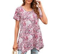 Enmain Tunic Tops for Women Pink Swing Top Short Sleeve Ladies Summer Elegant Hanky Hem Round Neck Tunics for Holiday,Pink,L