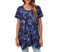 Enmain Tunic Tops for Women Short Sleeve Summer Blouse Pleated Swing Top Ladies Longline Elegant Round Neck Tunic for Holiday,Black/Blue-F,XL
