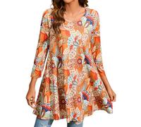 Enmain Tunic Tops for Women UK 3/4 Long Sleeve Tunics for Leggings Plus Size Round Neck Ladies Longline Top Casual Loose Blouse T Shirt Orange Paisley Patterned Swing T-Shirt 2XL