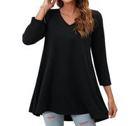 Enmain Tunic Tops for Women UK Black Womens Plus Size Tops 3/4 Length Sleeve Ladies Tunics Longline Casual Loose Fit V Neck Blouse for Leggings S